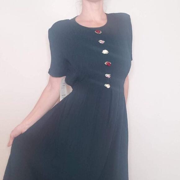 Deadstock Vintage 90s Short Sleeve Midi Dress Green Rosebud Embellishments 10P - Picture 2 of 11